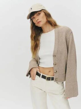 Reformation Nala Cotton Cashmere Cardigan Sweater Stone Beige Taupe